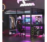 Merax lit superposé lit haut 140x200 cm, lit d'enfant avec LED, bureau, armoire ouverte, lit superposé, lit en fer, lit d'adolescent, noir
