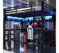 Merax Lit superposé Lit mezzanine 140x200 avec bureau, bibliothèque, tiroir, étagères, USB, LED, métal Gaming Lit d'enfant, lit superposé, lit d'adolescent, noir