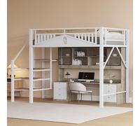 Merax Lit superposé métallique 140x200, lit d'enfant avec clôture patchwork et fenêtre, escalier de rangement, lit métallique stable et moderne,Blanc