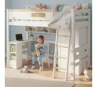 Merax Lit superposé pour enfants 90x200 cm avec bureau et armoire, lit surélevé en bois massif avec protection contre les chutes, étagères et échelle, blanc + naturel