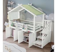 Merax Lit superposé pour enfants 90x200cm avec toit & rideau, lit superposé pour enfants avec armoire, casiers et escalier de rangement