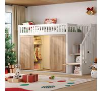 Merax Lit surélevé d'enfant 90x200 avec armoire et placard d'escalier, lit en bois avec bande lumineuse LED multicolore, lit superposé multifonctionnel, blanc/chêne