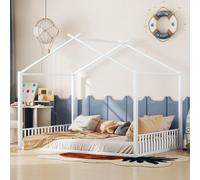 Merax Lits d'enfant 140x200 cm, Lit de maison, Lit d'adolescent en cadre de toit métallique, Lit plat, Lit au sol, Blanc