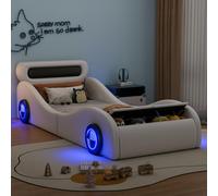 Merax Lits d'enfant 90x200cm, Lit voiture avec roues LED, espace de rangement, sommier à lattes, lit d'adolescent, lit simple, lit rembourré, PU, blanc