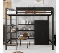 Merax Lits superposés Lit mezzanine 140×200cm avec bureau et double rangement,Lit d'enfant en fer avec armoire et échelle, lit en métal avec MDF,Noir