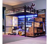 Merax Lits superposés Lits superposés 140x200 cm, lit d'enfant avec armoire et éclairage LED, lit d'adolescent avec escalier de stockage, lit double, lit superposé, noir
