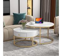 Merax Lot de 2 Tables Basses Rondes, Modernes, avec Motif marbre Brillant, pour Salon, Table d'appoint avec tiroir pour Salle de réception, Balcon et Bureau, Structure en métal, Blanc