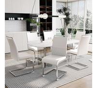 Merax Lot de 6 chaises de salle à manger à dossier haut en cuir synthétique PU et lin, structure en métal, chaises de cuisine modernes, rembourrées pour salon, salle de conférence, blanches