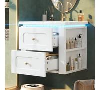 Merax Meuble de lavabo avec lavabo en céramique, 61 cm, à suspendre au mur, avec éclairage LED contrôlé par application, 2 tiroirs et étagère latérale, hauteur réglable, blanc brillant