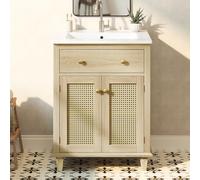 Merax Meuble de lavabo avec lavabo en céramique, 61 cm, armoire de salle de bain autoportante avec portes en rotin, tiroir rabattable et étagères réglables en hauteur, aspect bois, 61 x 47 x 87 cm
