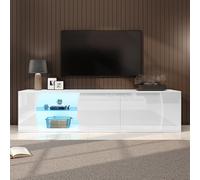 Merax Meuble TV 180 cm avec LED, Meuble TV Blanc Brillant avec 3 Portes et Rangements en Verre Trempé, Meuble TV 80 Pouces, Meuble Bas TV Moderne pour Salon, Support TV Design avec Rangement