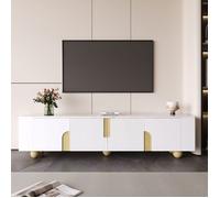 Merax Meuble TV 180 cm - Blanc et Bois - avec 4 Portes - Plateau Effet Marbre - Pieds Boule en Bois Massif