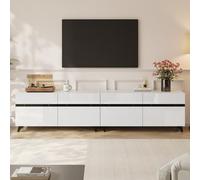 Merax Meuble TV 180 x 40 x 49 cm - Meuble bas brillant pour téléviseurs de 80/75/70 pouces, 4 armoires, 8 pieds, séparateurs réglables, blanc avec lignes noires, meuble de salon