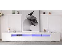 Merax Meuble TV bas 240 cm blanc, meuble TV moderne avec 2 volets et 2 compartiments comme espace de rangement, panneau lumineux, éclairage LED variable, pour salon et salle à manger, 240 x 39 x 35 cm