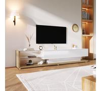 Merax Meuble TV bas avec éclairage LED - Blanc brillant - Meuble moderne avec support en verre et deux grands tiroirs - 170 x 36 x 38 cm