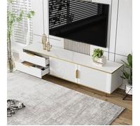 Merax Meuble TV Blanc et Doré 175 cm avec Tiroirs et Portes - Banc TV Moderne avec Texture Sculptée et Pieds Dorés