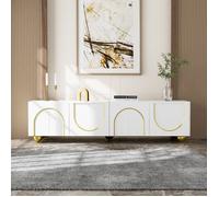 Merax Meuble TV Design Luxe avec Portes Texturées, Poignées et Pieds Dorés, Armoire TV Blanc