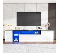 Merax Meuble TV LED Blanc Noir Moderne, Support TV pour Téléviseur 75 Pouces,2 Tiroirs + 2 Portes, Meuble Télé Basique avec Éclairage RGB Bluetooth, 180 x 40 x 45 cm
