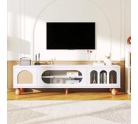 Merax Meuble TV, meuble bas avec porte imitation rotin, table basse avec porte coulissante en verre pour salon et salle à manger, blanc, 170 x 37 x 47 cm
