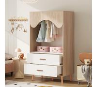 Merax Portemanteau enfant en bois avec tringle & tiroirs, armoire ouverte, portemanteau sur pied, meubles de chambre d'enfant, 80×46×141,5 cm, blanc/naturel