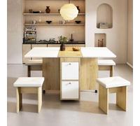 Merax Table à manger extensible avec espace de rangement 120 x 80 cm - Tables de salle à manger et table de cuisine extensible, avec 4 chaises, table à manger multifonctionnelle, blanc + chêne