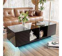 Merax Table basse, table de salon LED avec espace de rangement, table brillante avec étagère en verre, table basse moderne avec deux portes, 120 x 50 x 38,5 cm, noire