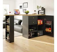 Merax Table de Bar de Salon,îlot de Cuisine, pivotante à 360°, avec 2 tiroirs, Armoire à Portes coulissantes et 3 étagères Ouvertes, Bureau Multifonction pour Salon - Noir