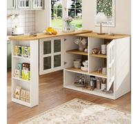 Merax Table de bar extensible 138-204 cm, Table haute pivotante avec buffet - Îlot de cuisine avec bar et comptoir, rangement multifonctionnel, MDF et verre trempé, pivotant à 360°