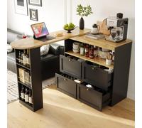 Merax Table de bar extensible avec cadre latéral rotatif, 138-204 cm, îlot de cuisine multifonction avec bar et comptoir, tiroirs et espace de rangement, table haute rotative à 360 degrés, buffet avec