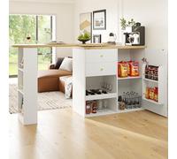 Merax Table de bar extensible avec espace de rangement, pivotante à 360°, avec 2 tiroirs et armoire à portes coulissantes, espace de rangement ouvert à 3 niveaux, corps principal 105 x 39 x 102 cm