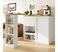 Merax Table de bar extensible avec fonction pivotante à 360° - Îlot de cuisine multifonctionnel avec bar et comptoir, buffet flexible avec portes en rotin, étagères pivotantes pour salon et bureau