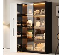 Merax Vitrine - 110,5 x 35 x 160 cm - Armoire multifonction avec porte en verre et éclairage LED - Extension latérale sur roulettes - Armoire haute moderne pour salon, salle à manger ou bureau - Noir