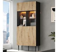 Merax Vitrine 80 x 35 x 180 cm, Vitrine en verre avec commande LED via application, Vitrinenschrank avec 10 compartiments et portes en verre, Vitrine de salon en bois naturel et noir, placard