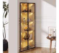 Merax Vitrine en verre LED 62x35x160 cm, résistante à la poussière, verre trempé, éclairage LED intégré, pour collection, bibliothèque ou armoire à vin, chêne
