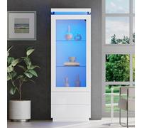 Merax Vitrine LED 60x40x171 cm Blanche Brillante - Meuble Vitrine avec Porte Acrylique, 2 Tiroirs, Étagères Verre Trempé, Armoire Vitrée Salon