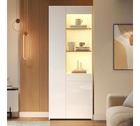 Merax Vitrine LED 70x35x180 cm avec Tiroirs - Vitrine Haute Brillante Moderne, Armoire Vitrée Salon avec LED APP, Highboard avec Portes en Verre Trempé, Étagères de Rangement Compartimentées