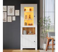 Merax Vitrine LED Blanche et Bois 70x40x188 cm, Meuble Vitrine avec 2 Portes et 6 Étagères Réglables, Armoire de Rangement en Verre Moderne avec Éclairage LED, Vitrine Salon Design Multifonction