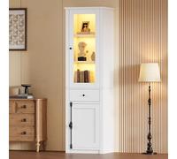 Merax Vitrine LED Blanche Haute 55x40x200 cm, Meuble vitrine avec 2 Portes et 1 tiroir, Armoire de Rangement en Verre Moderne avec poignées métal Aluminium