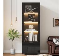 Merax Vitrine noire brillante 40 x 50 x 160 cm, vitrine en verre avec LED et télécommande, armoire vitrine avec porte en acrylique, 3 étagères en verre, vitrine sur pied pour objets de collection