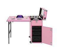Mermajestic Chariot cosmétique avec table et 4 tiroirs - Mallette à ongles enroulable avec miroir et haut-parleur Bluetooth - Grande mallette de coiffure, table à ongles, station de maquillage mobile
