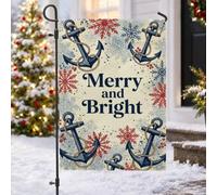 Merry And Bright Drapeau de jardin avec citation d'ancres nautiques 30,5 x | Thème nautique, drapeau de cour, motifs flocon de neige, vœux de vacances, décoration de cour extérieure