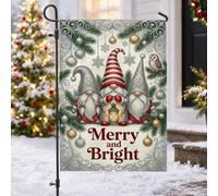 Merry And Bright Drapeau de jardin avec citation de nains de Noël 30,5 x | Branches de pin, drapeau de cour, ornements à suspendre, lanterne lumineuse, hibou d'hiver, bordure complexe