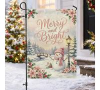 Merry And Bright Drapeau de jardin avec citation d'hiver Bonhomme de neige | Paysage d'hiver, drapeau de pelouse, fleurs de poinsettia, lampadaire vintage, vœux de vacances, décoration saisonnière