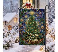 Merry And Bright Drapeau de jardin en vitrail Motif sapin de Noël 30,5 x | Art du vitrail, drapeau de cour, vœux de vacances, décoration de jardin d'hiver, panneau de cour, accents d'étoile