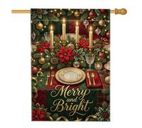 Merry And Bright Drapeau de maison de Noël 71 x 101 cm | Poinsettias, drapeau de cour, bougies allumées, vaisselle de vacances, nappe à carreaux, verdure d'hiver