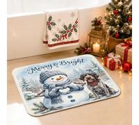 Merry and Bright Tapis de salle de bain Motif bonhomme de neige 50,8 x 81,3 | Scène de forêt enneigée, tapis de sol de salle de bain, portrait de chien d'hiver, typographie de vacances