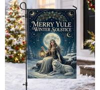Merry Yule Winter Solstice Fantasy Woman with Wolf Garden Flag 30,5 x 45,7 | Scène de pleine lune, drapeau de cour, lanterne, paysage de forêt enneigée, étoiles célestes, atmosphère mystique