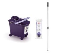Mery | Ensemble Seau + vadrouille + bâton | Seau d'égouttement Automatique à roulettes Violet et Lilas, 14 L | Lavage en Microfibre Super Absorbant | Canne télescopique en Acier laminé