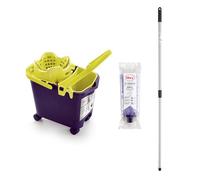 Mery | Ensemble Seau+vadrouille+bâton | Seau Violet et Citron Vert à roulettes et Polyvalent, 14 L | Vadrouille absorbante en Microfibre | Perche télescopique en Acier plastifié