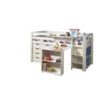 Vipack Lit de jeu Pino avec bureau, étagère et commode à tiroirs - Lit en pin massif, Meubles d'appoint MDF laqué blanc, Dimension : 210 cm x 114 cm x 106 cm ; PICOHSBUBIKS14